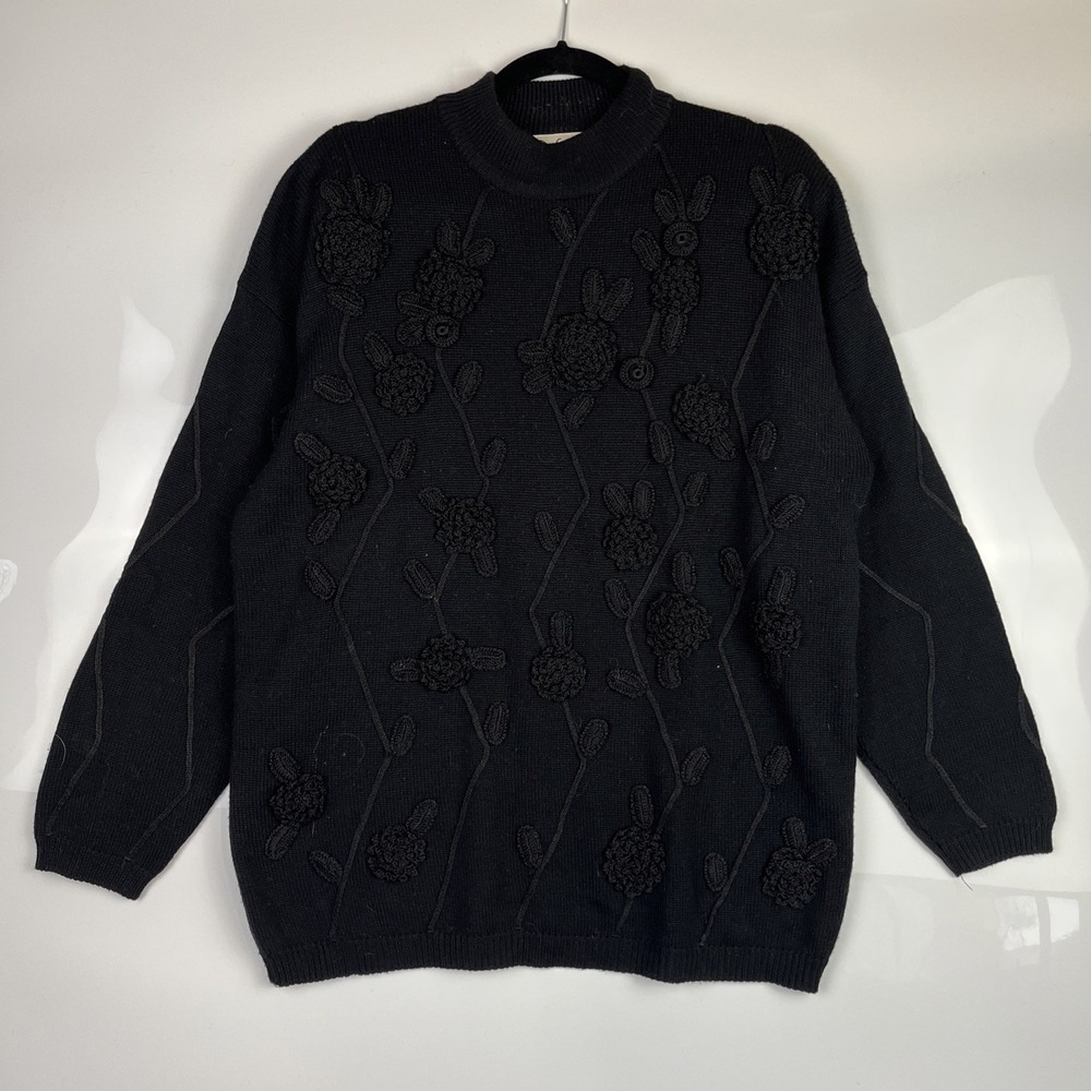 Vintage Rafaella Woman's Large Knit Soft Black Floral Sweater 50% Merino Wool